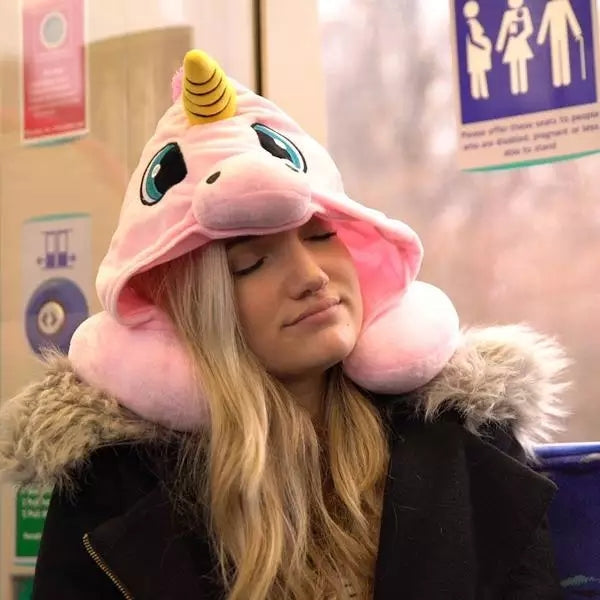 Unicorn Travel Pillow with Hoodie | Travel Essentials Pink Blue Cute Gift