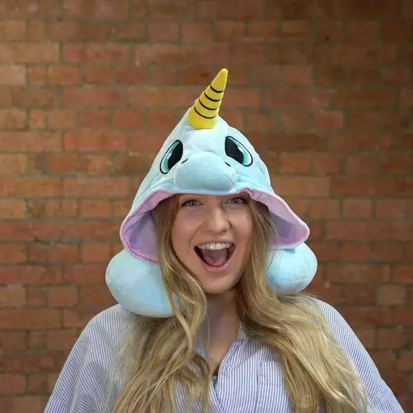 Unicorn Travel Pillow with Hoodie | Travel Essentials Pink Blue Cute Gift